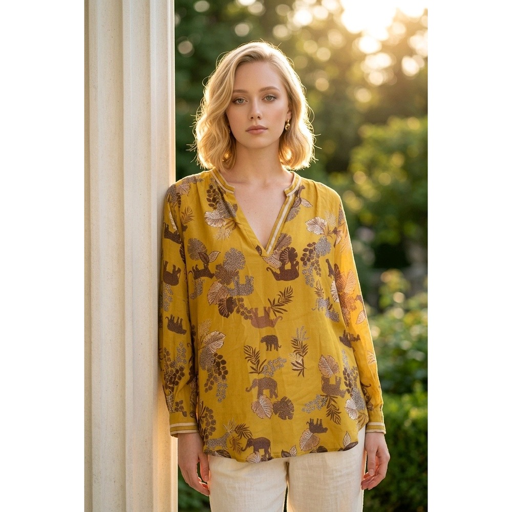 Johnny Was XS Yellow Taly Astrid Jungle Silk Safari Animal Print Tunic Blouse